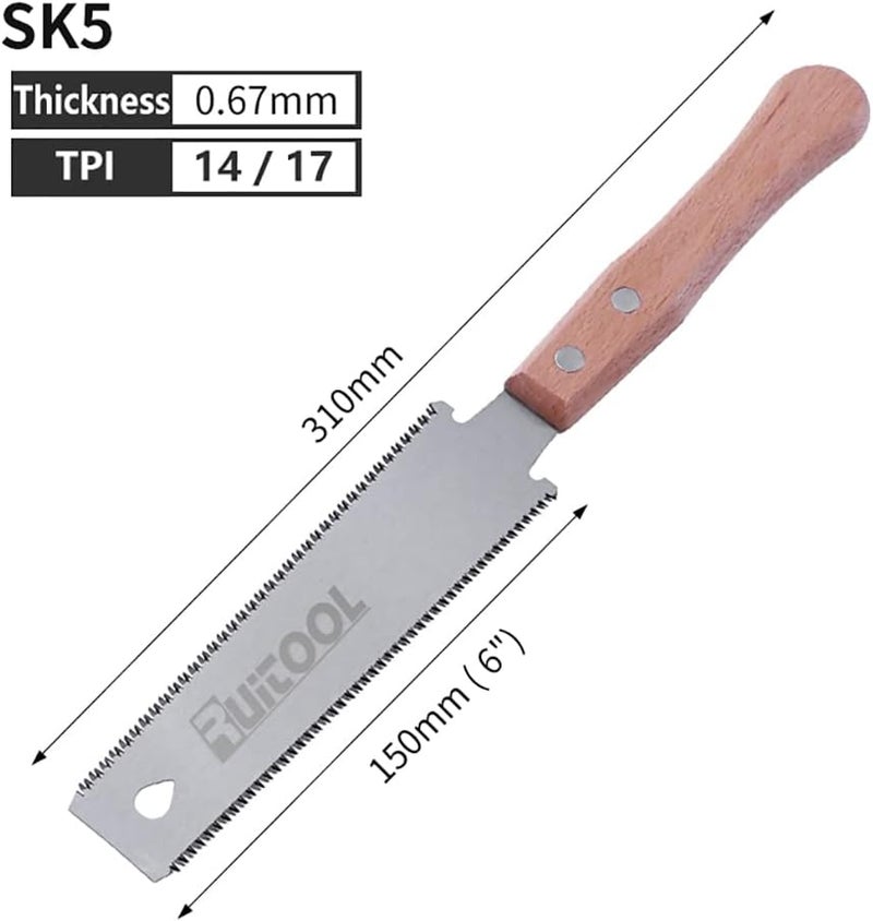 RUITOOL Japanese Hand Saw 6 Inch Double Edge Sided Pull Saw Ryoba SK5 Flexible Blade 14/17 TPI Flush Cut Beech Handle Wood Saw for Woodworking Tools - Image 3